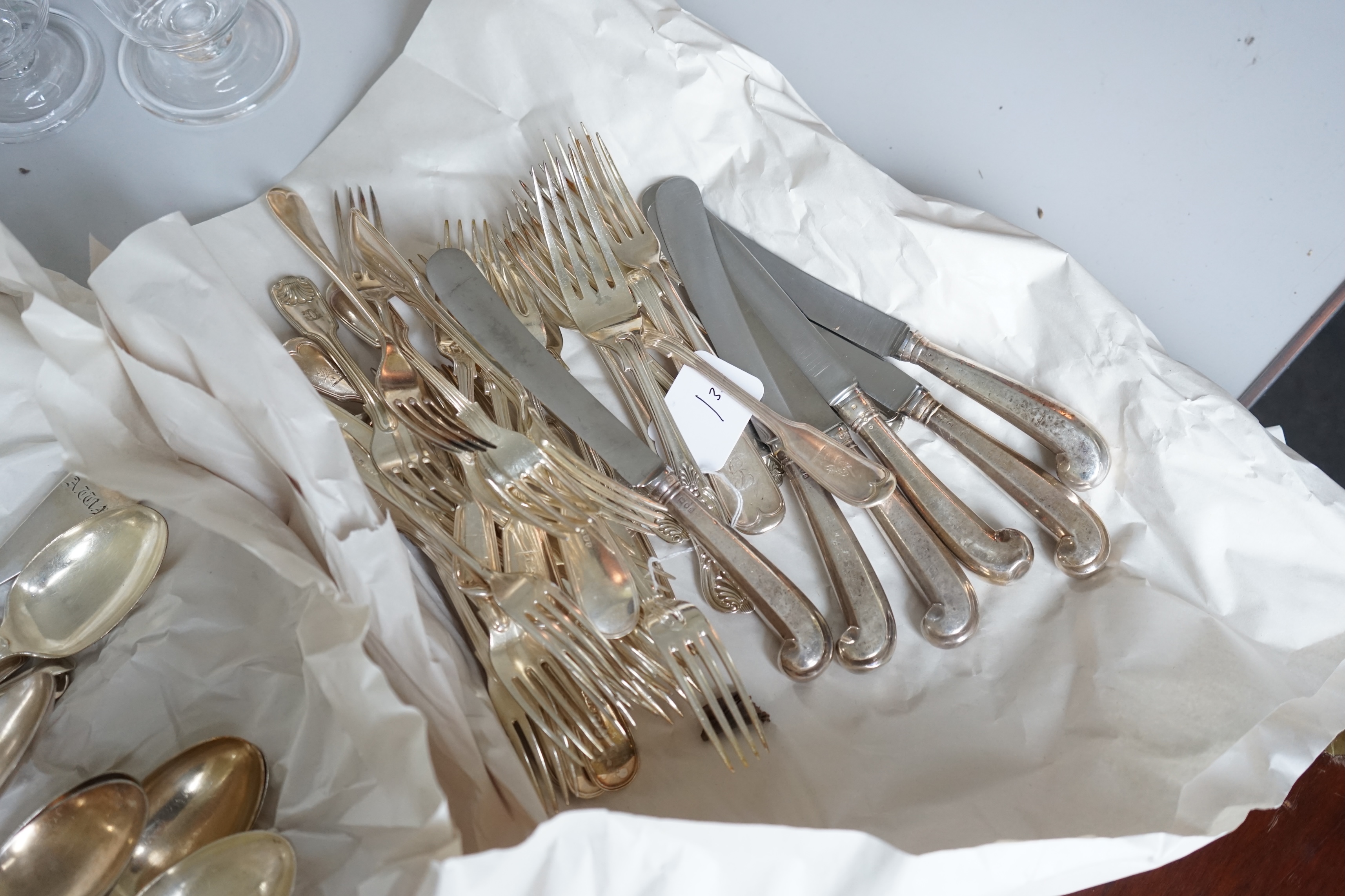 A set of six late Victorian silver pistol grip handled steel table knives